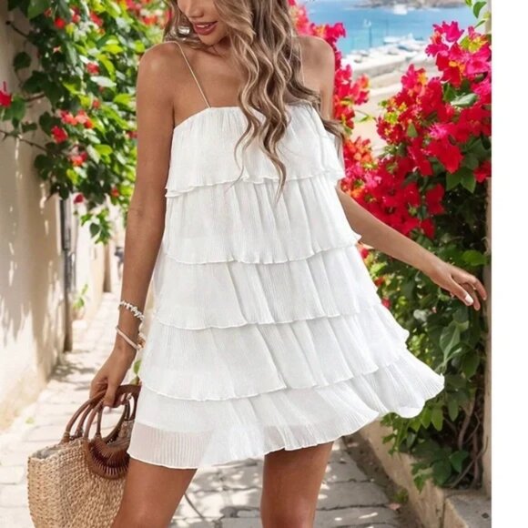 Pleated Lettuce Hem Cami Tiered Mini Dress - Picture 1 of 5